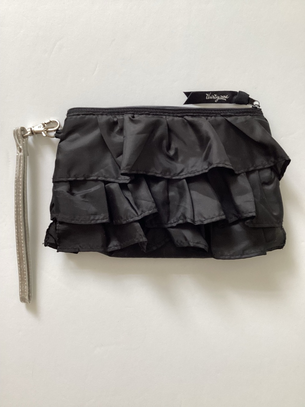 thirty-one Black Ruffle Wristlet with Silver Wrist Strap